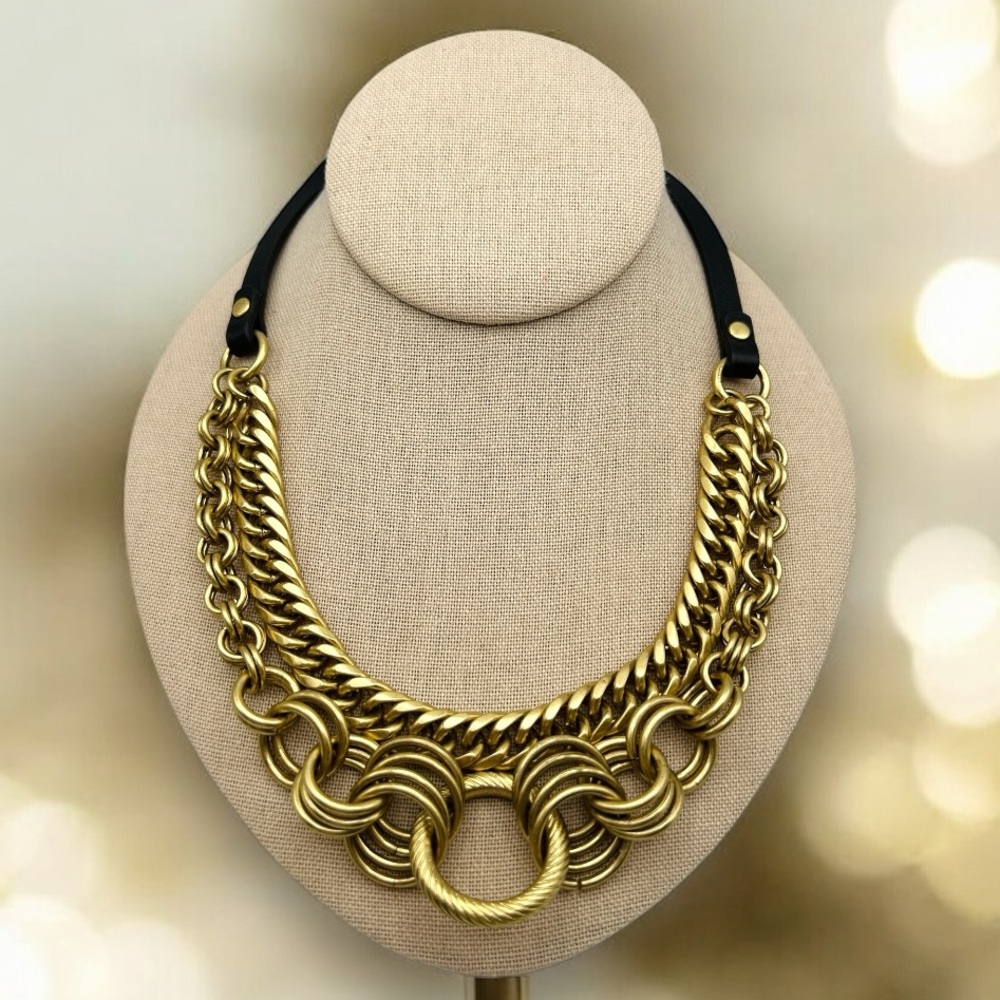 ⚜️CAbi “Harness” Necklace – Double Strand  Adjustable – Gold Tone with Leather⚜️